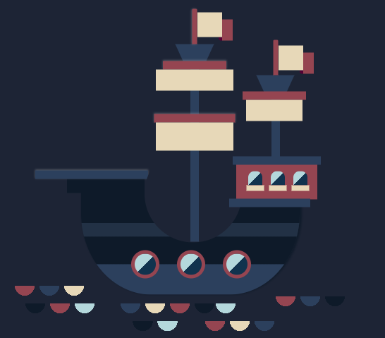 CSS illustrated pirate pirate ship, with two masts, three portholes, and waves (made of half circles) underneath